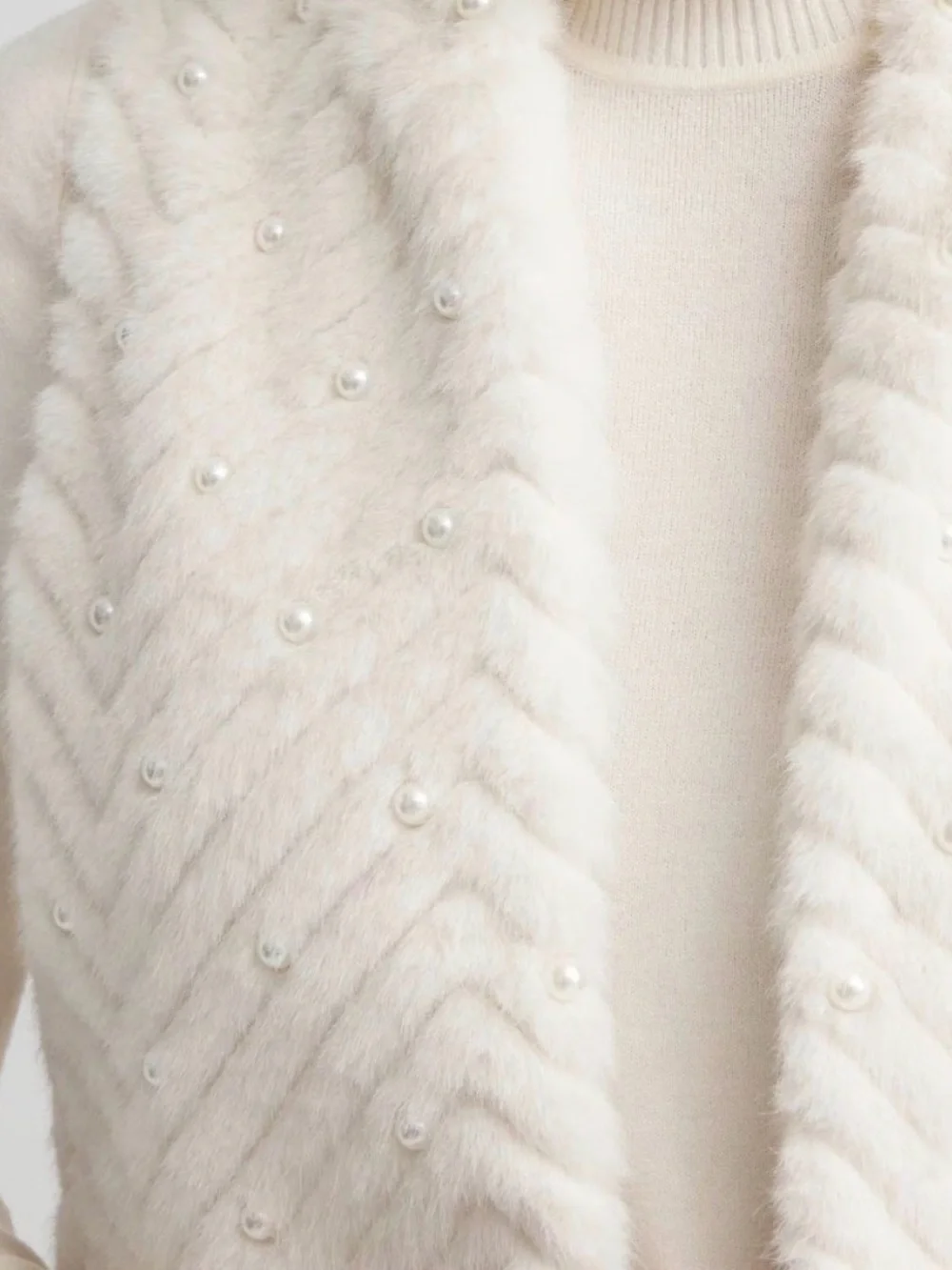 Chico’s Pearl-Embellished Faux Fur Open Vest - Cream. Size 1 - Medium.
